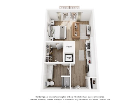 A 3D floor plan of a small apartment with a kitchen, living room, and bathroom.